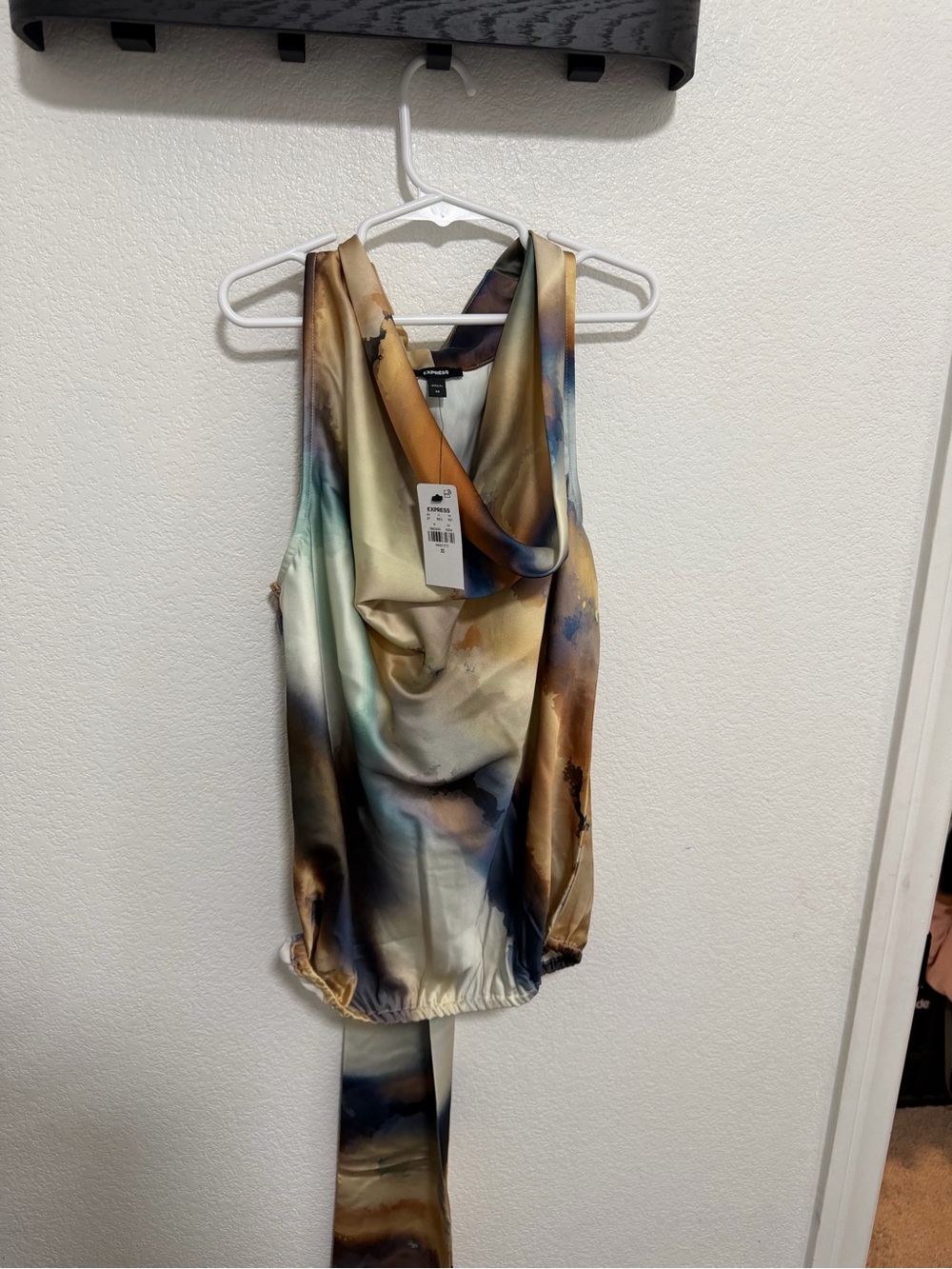 Express Satin Cowl Neck Tank in Brown and Gold Tones